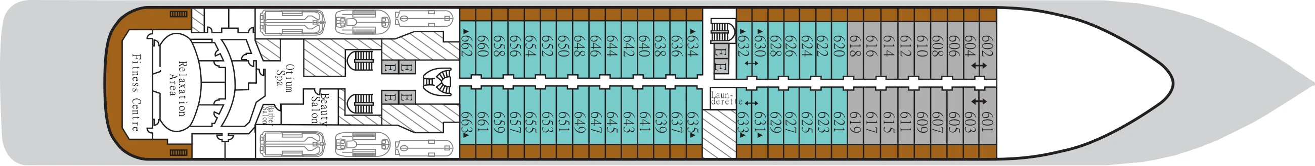 Deck 6 plan of Silver Dawn, showing the Fitness Centre, Relaxation Area, Otium Spa and Beauty Salon aft, and suites 601 to 663