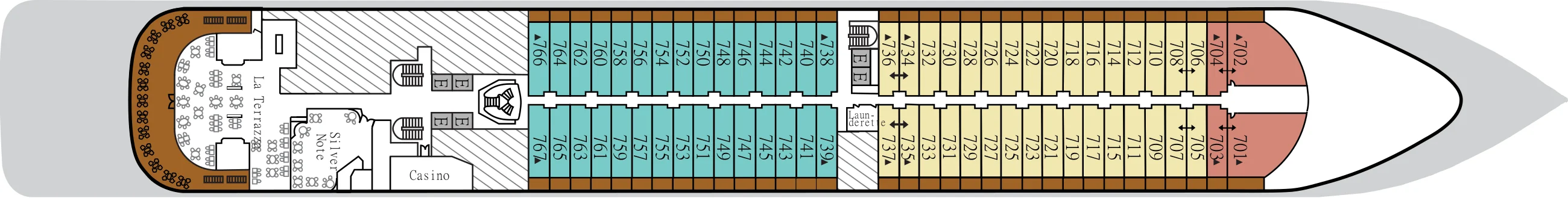Deck 7 plan of Silver Dawn, showing La Terrazza, Silver Note and the Casino aft, and suites 701 to 767