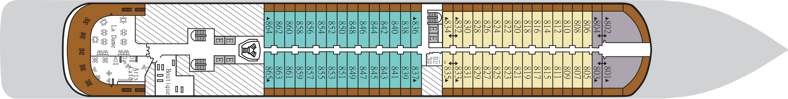 Deck 8 plan of Silver Dawn, showing La Dame, Arts Café and the Boutique aft, and suites 801 to 865
