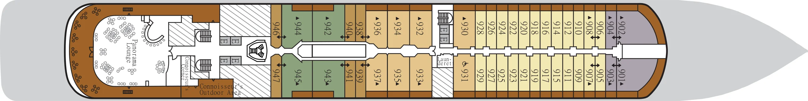 Deck 9 plan of Silver Dawn, showing the Panorama Lounge and Connoisseur's Corner aft, and suites 901 to 947