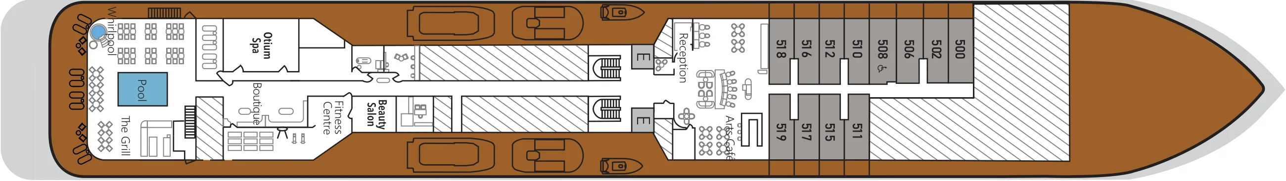 Deck 5 plan of Silver Endeavour, showing the Pool, The Grill, Otium Spa, Boutique, Fitness Centre and Beauty Salon aft, Reception and Arts Café, and suites 500 to 519