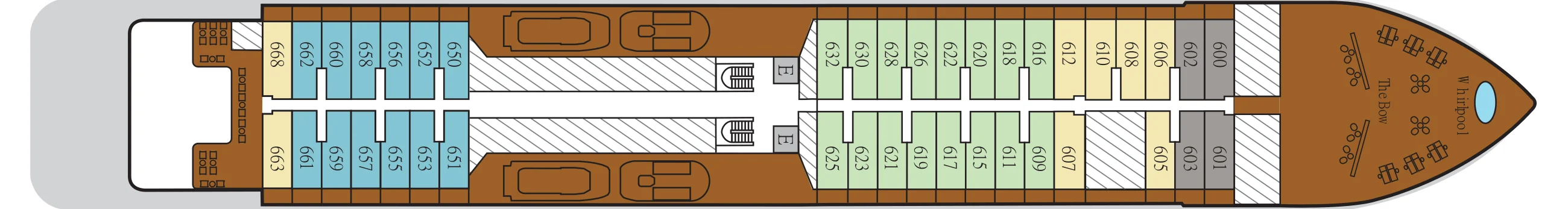 Deck 6 plan of Silver Endeavour, showing suites 600 to 668 and The Bow, an open deck with a whirlpool