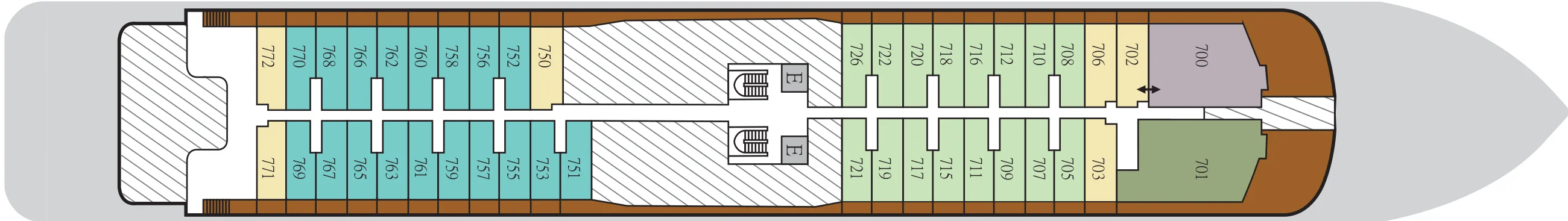 Deck 7 plan of Silver Endeavour, showing suites 700 to 772, with the two largest suites at the bow
