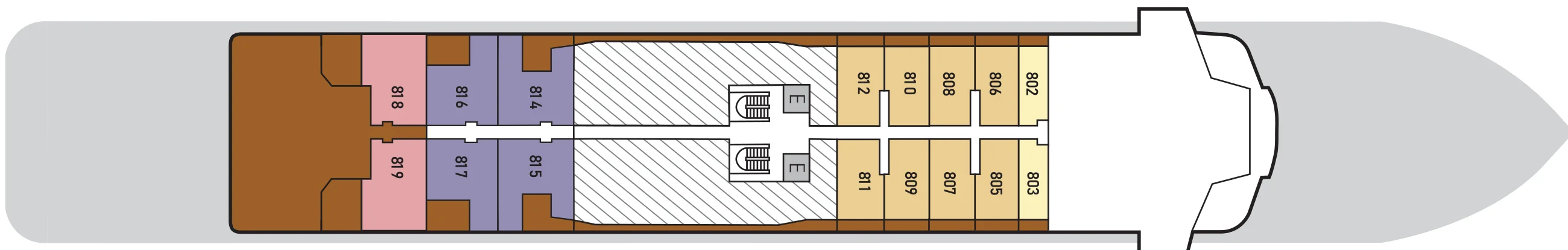 Deck 8 plan of Silver Endeavour, showing suites 802 to 819