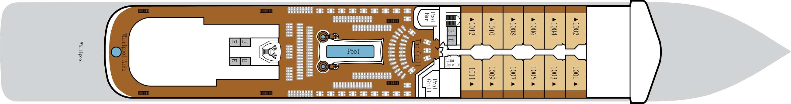 Deck 10 plan of Silver Moon, showing the Whirlpool Area, the Pool, The Grill, Pool Bar and Pool Grill, and suites 1001 to 1012 forward