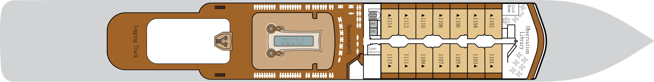 Deck 11 plan of Silver Moon, showing the Jogging Track, Spaccanapoli, the Observation Library at the bow, and suites 1101 to 1115