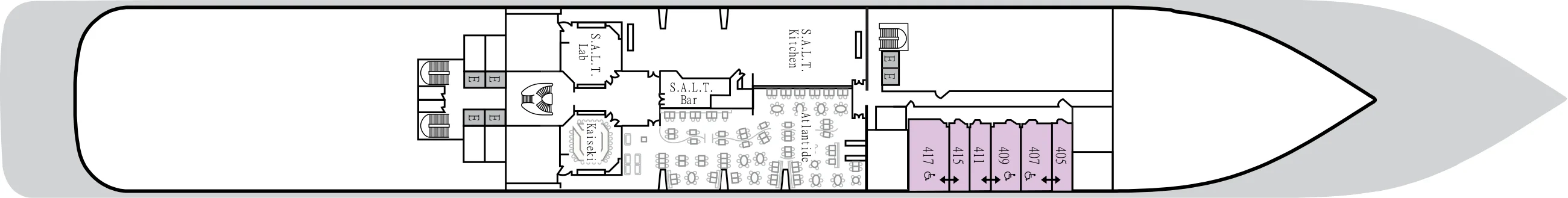 Deck 4 plan of Silver Moon, showing the S.A.L.T. Lab, Kaiseki, S.A.L.T. Bar, S.A.L.T. Kitchen and Atlantide, and suites 405 to 417 forward