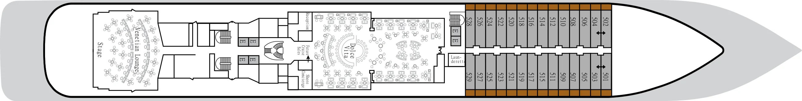 Deck 5 plan of Silver Moon, showing the Venetian Lounge aft, Reception and Dolce Vita midship, and suites 501 to 529 forward