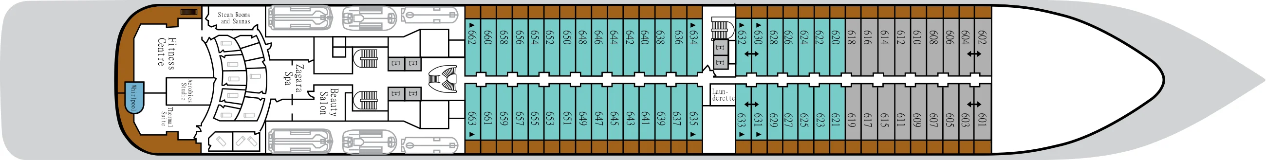 Deck 6 plan of Silver Moon, showing the Fitness Centre, Zagara Spa, steam rooms and saunas and the Beauty Salon aft, and suites 601 to 663