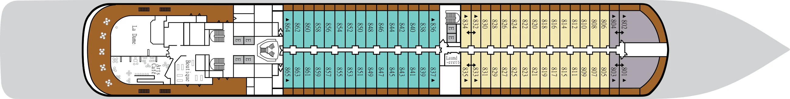 Deck 8 plan of Silver Moon, showing La Dame, Arts Café and the Boutique aft, and suites 801 to 865