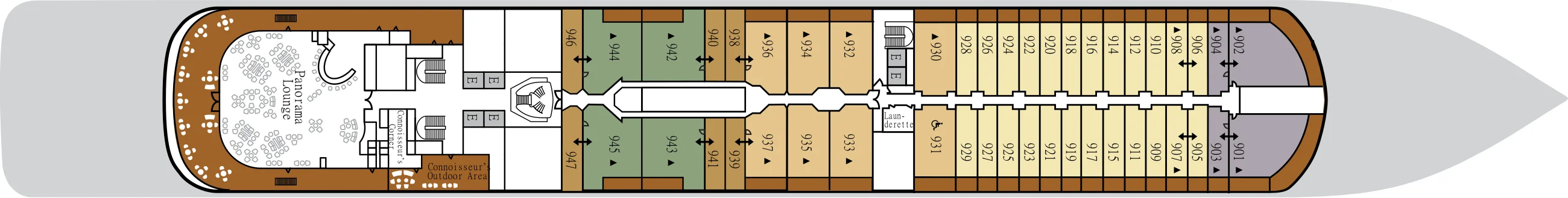 Deck 9 plan of Silver Moon, showing the Panorama Lounge and Connoisseur's Corner aft, and suites 901 to 947
