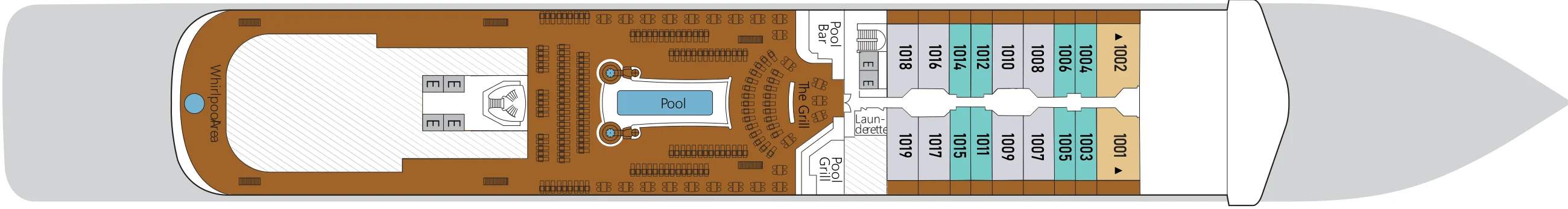 Deck 10 plan of Silver Muse, showing the Whirlpool Area, the Pool, The Grill, Pool Bar and Pool Grill, and suites 1001 to 1019 forward