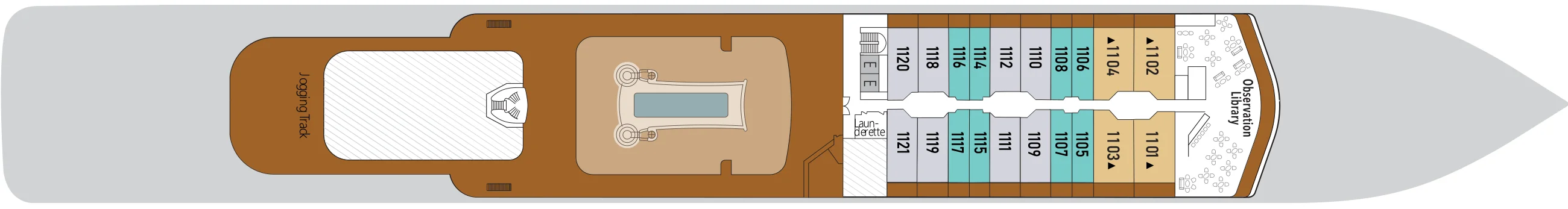 Deck 11 plan of Silver Muse, showing the Jogging Track, Spaccanapoli, the Observation Library at the bow, and suites 1101 to 1121