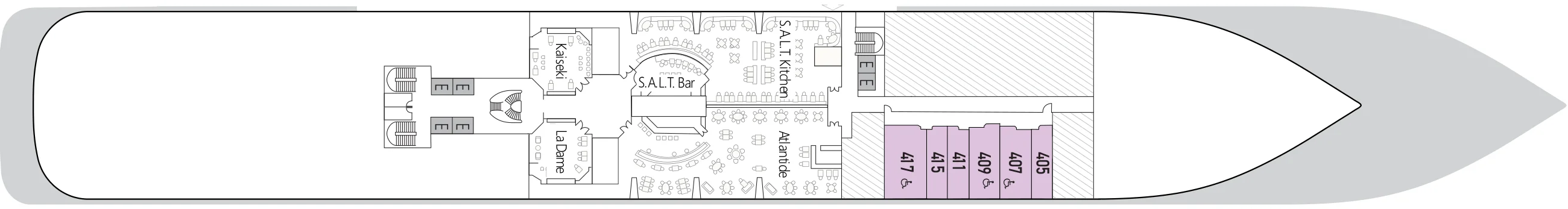 Deck 4 plan of Silver Muse, showing Kaiseki, La Dame, S.A.L.T. Bar, S.A.L.T. Kitchen and Atlantide, and suites 405 to 417 forward