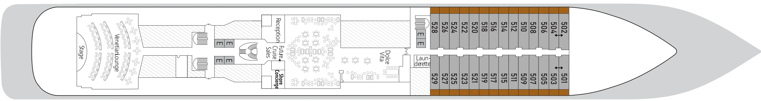 Deck 5 plan of Silver Muse, showing the Venetian Lounge aft, Reception, Future Cruise Sales, Shore Concierge and Dolce Vita midship, and suites 501 to 529 forward