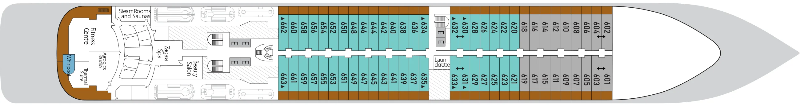 Deck 6 plan of Silver Muse, showing the Fitness Centre, steam rooms and saunas, Zagara Spa and Beauty Salon aft, and suites 601 to 663