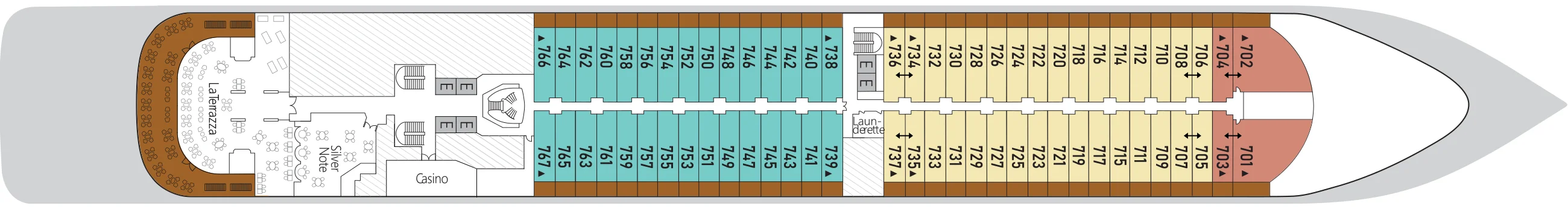 Deck 7 plan of Silver Muse, showing La Terrazza, Silver Note and the Casino aft, and suites 701 to 767