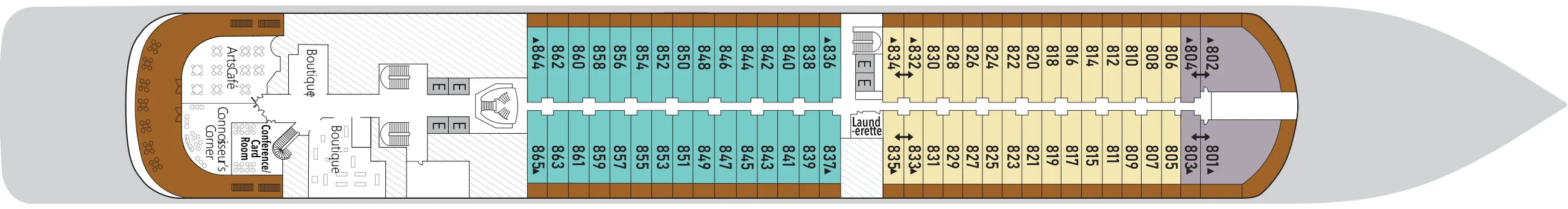 Deck 8 plan of Silver Muse, showing Arts Café, Connoisseur's Corner, a conference and card room and the Boutique aft, and suites 801 to 865