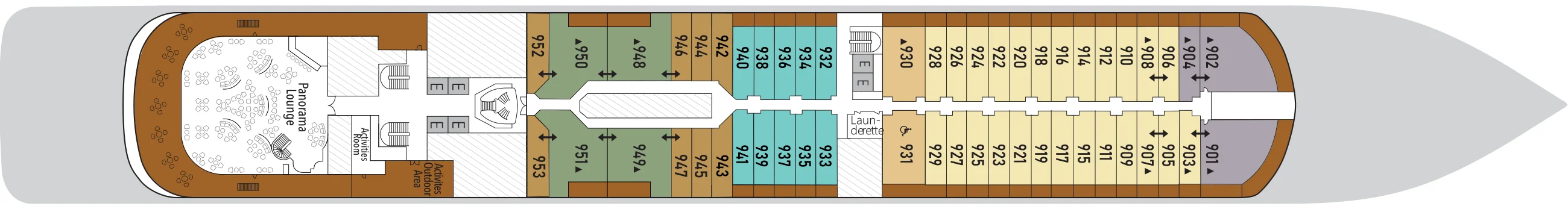 Deck 9 plan of Silver Muse, showing the Panorama Lounge and Activities Room aft, and suites 901 to 953