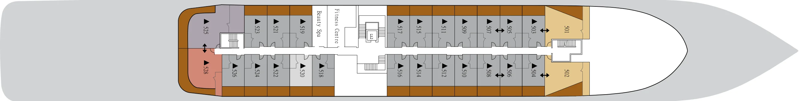 Deck 5 plan of Silver Origin, showing suites 501 to 528, the Beauty Spa and the Fitness Centre