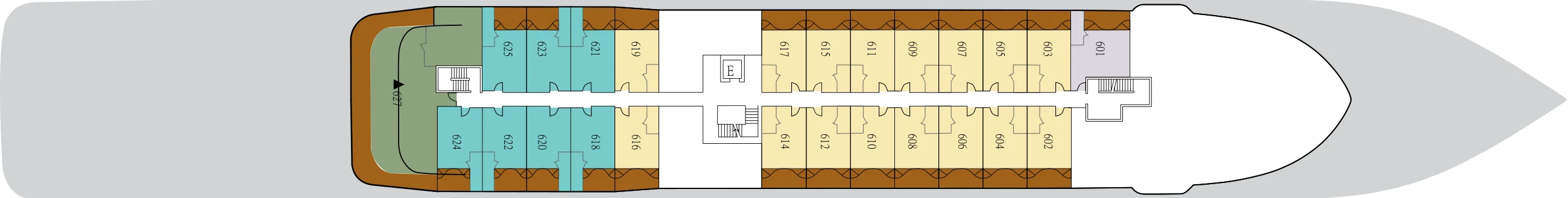 Deck 6 plan of Silver Origin, showing suites 601 to 627, with the largest suite at the stern