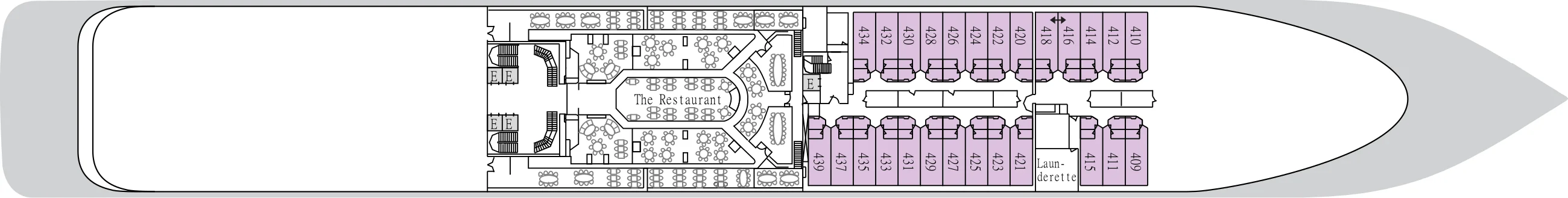 Deck 4 plan of Silver Whisper, showing The Restaurant aft, a launderette, and suites 409 to 439 forward