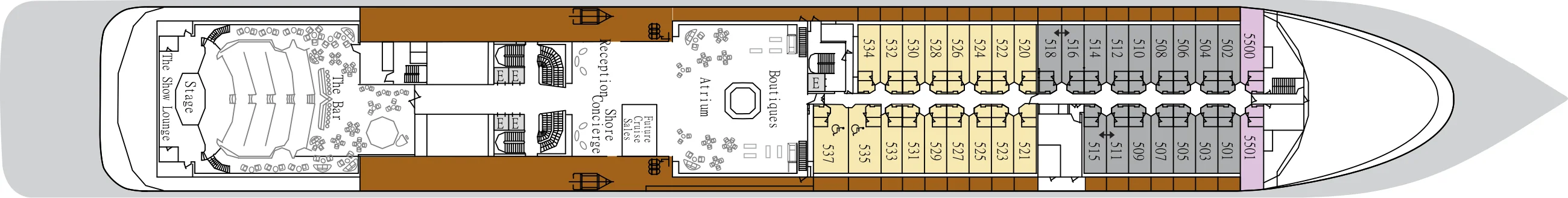 Deck 5 plan of Silver Whisper, showing The Show Lounge and The Bar aft, Reception, Shore Concierge, the Atrium and Boutiques midship, and suites 501 to 537, 5500 and 5501