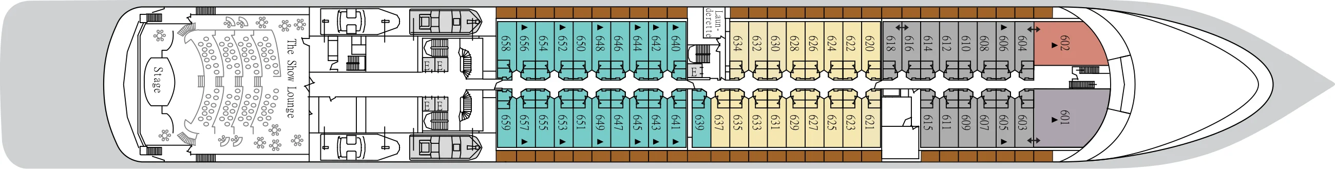 Deck 6 plan of Silver Whisper, showing The Show Lounge aft and suites 601 to 659