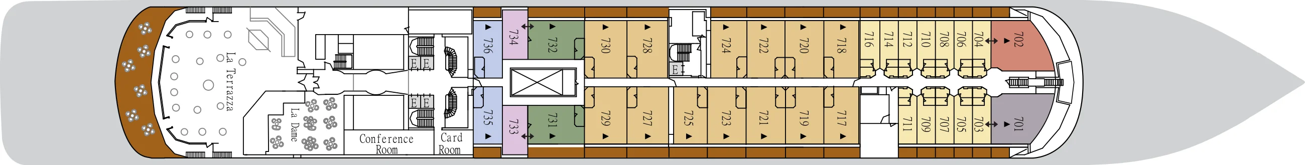 Deck 7 plan of Silver Whisper, showing La Terrazza, La Dame, the Conference Room and Card Room aft, and suites 701 to 736