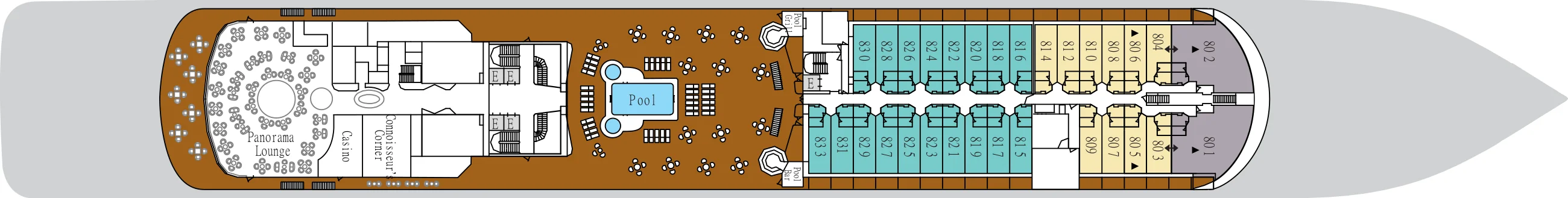Deck 8 plan of Silver Whisper, showing the Panorama Lounge, Casino and Connoisseur's Corner aft, the Pool, Pool Grill and Pool Bar midship, and suites 801 to 833