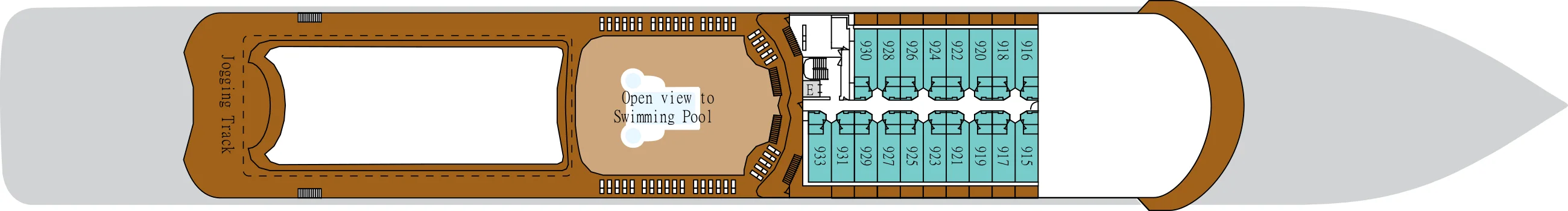 Deck 9 plan of Silver Whisper, showing the Jogging Track, the open view to the pool and suites 915 to 933