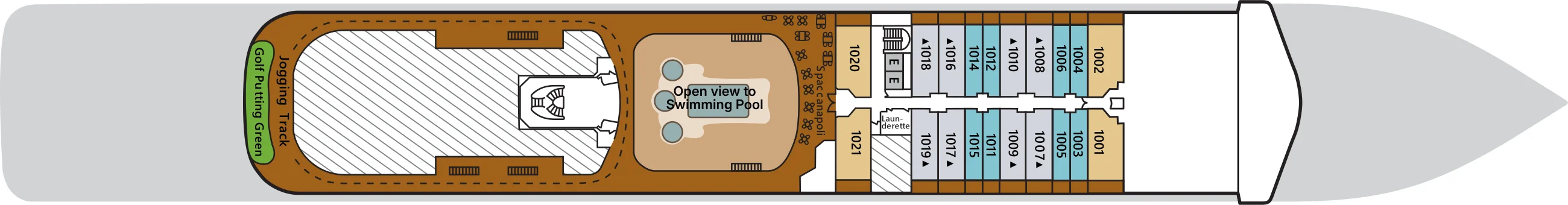 Deck 10 plan of Silver Spirit, showing the golf putting green, Jogging Track, Spaccanapoli and suites 1001 to 1021