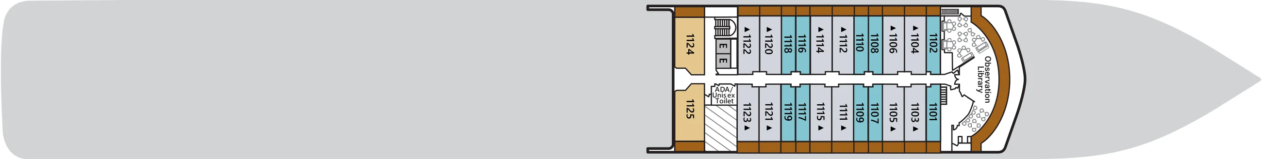 Deck 11 plan of Silver Spirit, showing suites 1101 to 1125 and the Observation Library at the bow