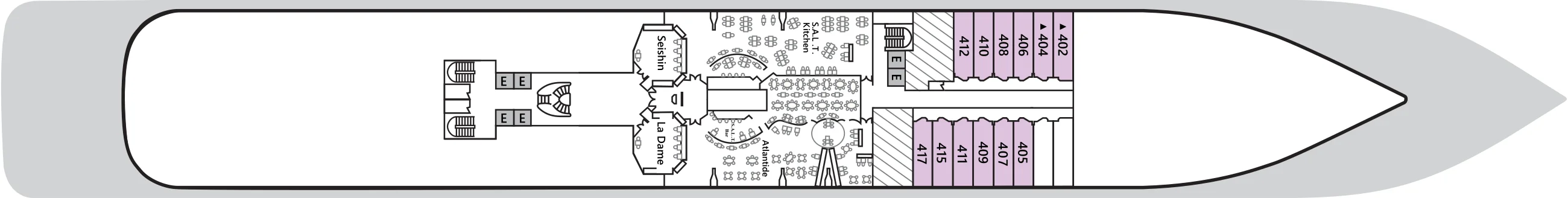 Deck 4 plan of Silver Spirit, showing Seishin, La Dame, Atlantide and S.A.L.T. Kitchen, and suites 402 to 417 forward