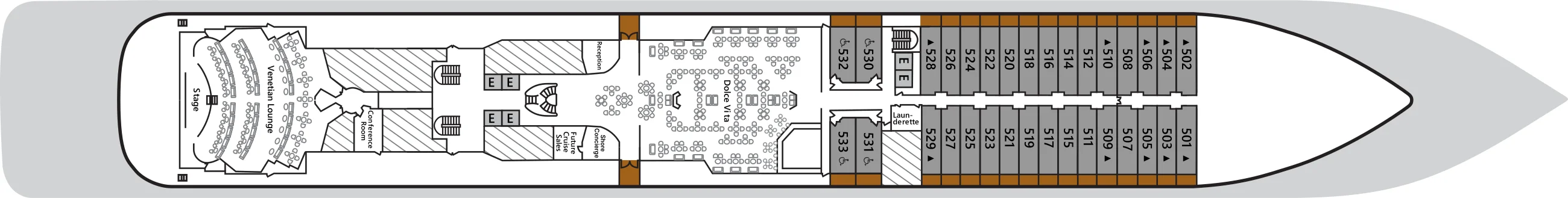 Deck 5 plan of Silver Spirit, showing the Venetian Lounge and a conference room aft, Reception and Dolce Vita midship, and suites 501 to 533