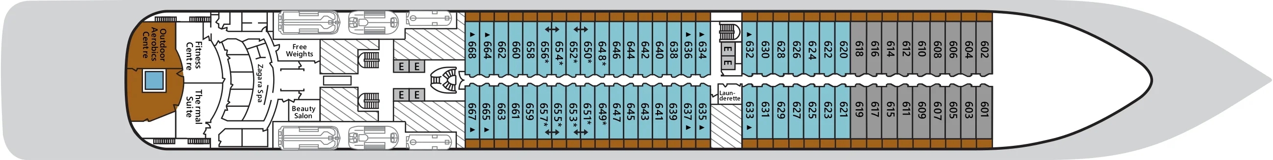 Deck 6 plan of Silver Spirit, showing the outdoor aerobics centre, Fitness Centre, Thermal Suite, Zagara Spa and Beauty Salon aft, and suites 601 to 668