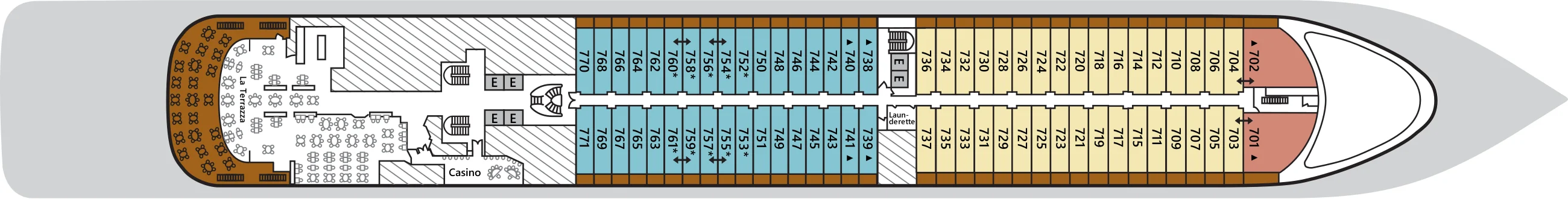 Deck 7 plan of Silver Spirit, showing La Terrazza and the Casino aft, and suites 701 to 771