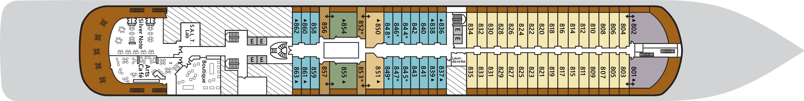 Deck 8 plan of Silver Spirit, showing Silver Note, the S.A.L.T. Lab, Arts Café and the Boutique aft, and suites 801 to 863