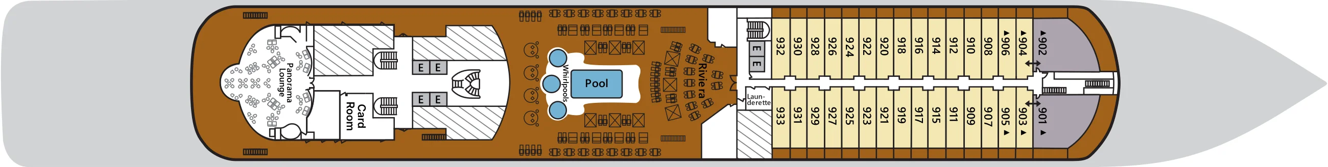 Deck 9 plan of Silver Spirit, showing the Panorama Lounge, Card Room, the Pool with whirlpools and Riviera, and suites 901 to 933 forward