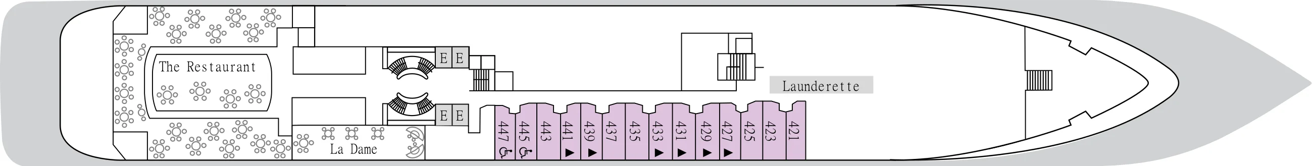 Deck 4 plan of Silver Wind, showing The Restaurant and La Dame aft, a launderette, and suites 421 to 447