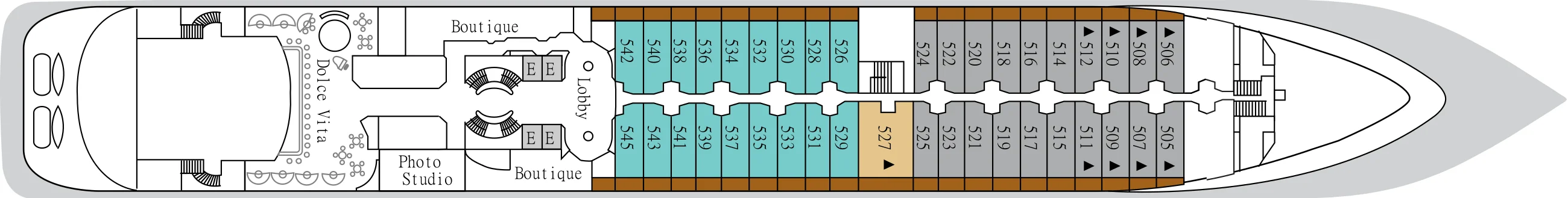 Deck 5 plan of Silver Wind, showing Dolce Vita aft, the Photo Studio, Boutiques and Lobby midship, and suites 505 to 545