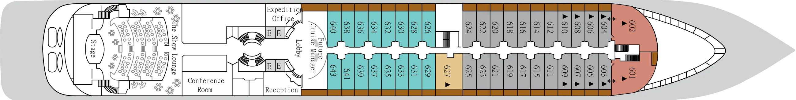 Deck 6 plan of Silver Wind, showing The Show Lounge aft, the Conference Room, Expedition Office and Reception, and suites 601 to 643