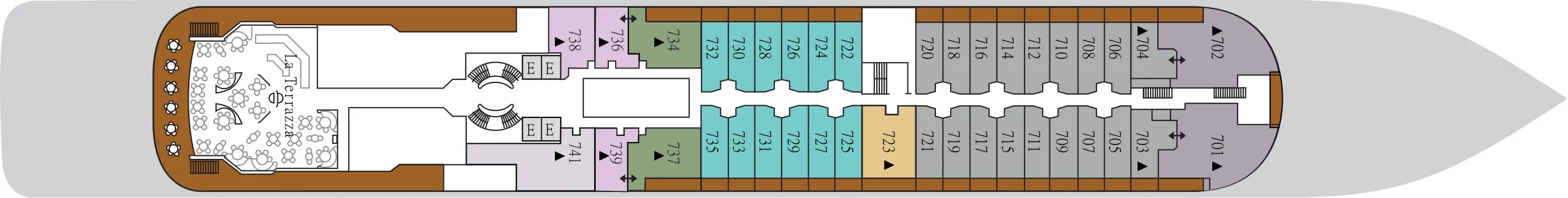 Deck 7 plan of Silver Wind, showing La Terrazza aft and suites 701 to 741