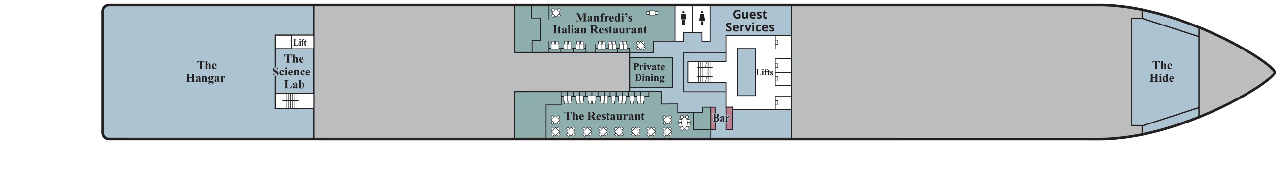 Deck 1 plan of Viking Octantis and Viking Polaris, showing The Hangar and The Science Lab aft, Manfredi's Italian Restaurant, Private Dining and The Restaurant midship, Guest Services by the lifts and The Hide at the bow