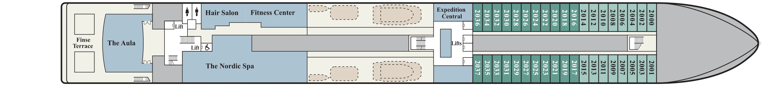 Deck 2 plan of Viking Octantis and Viking Polaris, showing Finse Terrace and The Aula aft, the Hair Salon, Fitness Center and The Nordic Spa, Expedition Central midship and Nordic Balcony staterooms 2000 to 2037 forward