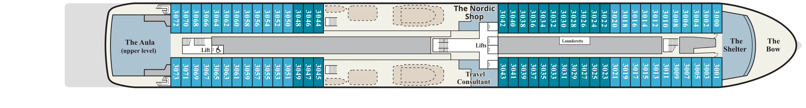 Deck 3 plan of Viking Octantis and Viking Polaris, showing the upper level of The Aula aft, Deluxe Nordic Balcony staterooms 3044 to 3073 aft and 3000 to 3043 forward, The Nordic Shop and Travel Consultant midship, and The Shelter and The Bow forward