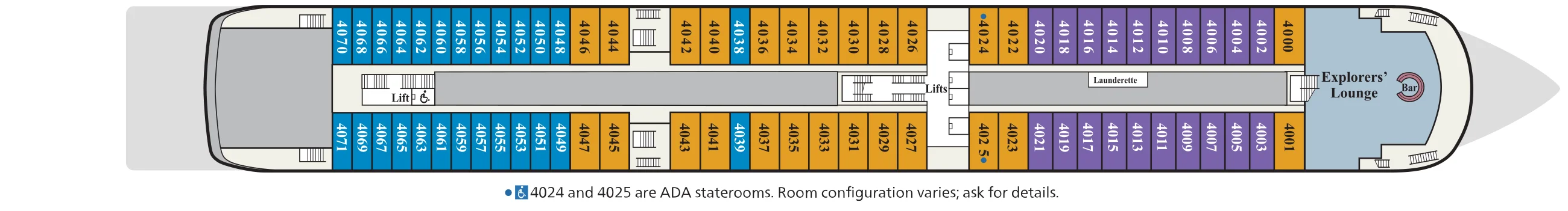 Deck 4 plan of Viking Octantis and Viking Polaris, showing Deluxe Nordic Balcony staterooms aft, Nordic Junior Suites midship, Nordic Penthouses forward and the Explorers' Lounge at the bow, with ADA staterooms 4024 and 4025 marked