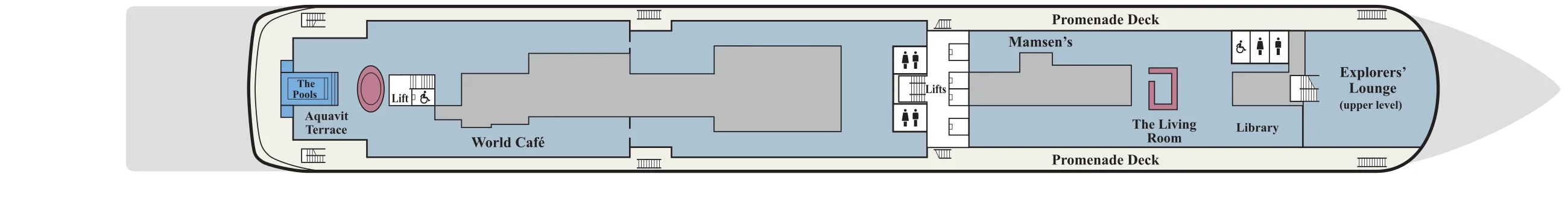 Deck 5 plan of Viking Octantis and Viking Polaris, showing The Pools and the Aquavit Terrace aft, the World Café, Mamsen's, The Living Room, the Library and the upper level of the Explorers' Lounge forward, with the Promenade Deck along both sides