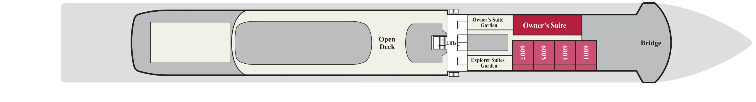 Deck 6 plan of Viking Octantis and Viking Polaris, showing the open deck aft, the Owner's Suite, the Owner's Suite Garden, the Explorer Suites Garden and Explorer Suites 6001 to 6007 forward, and the Bridge