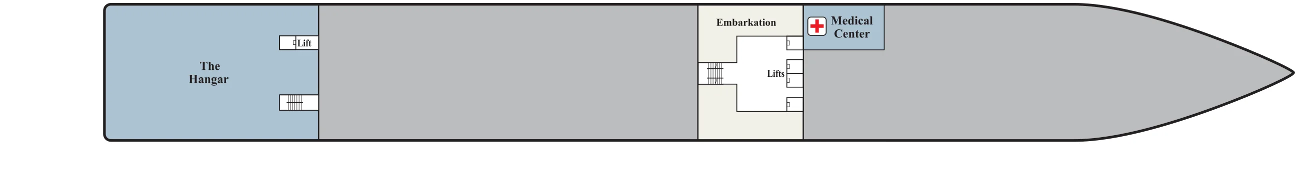 Deck A plan of Viking Octantis and Viking Polaris, showing The Hangar aft and the embarkation area and Medical Center midship